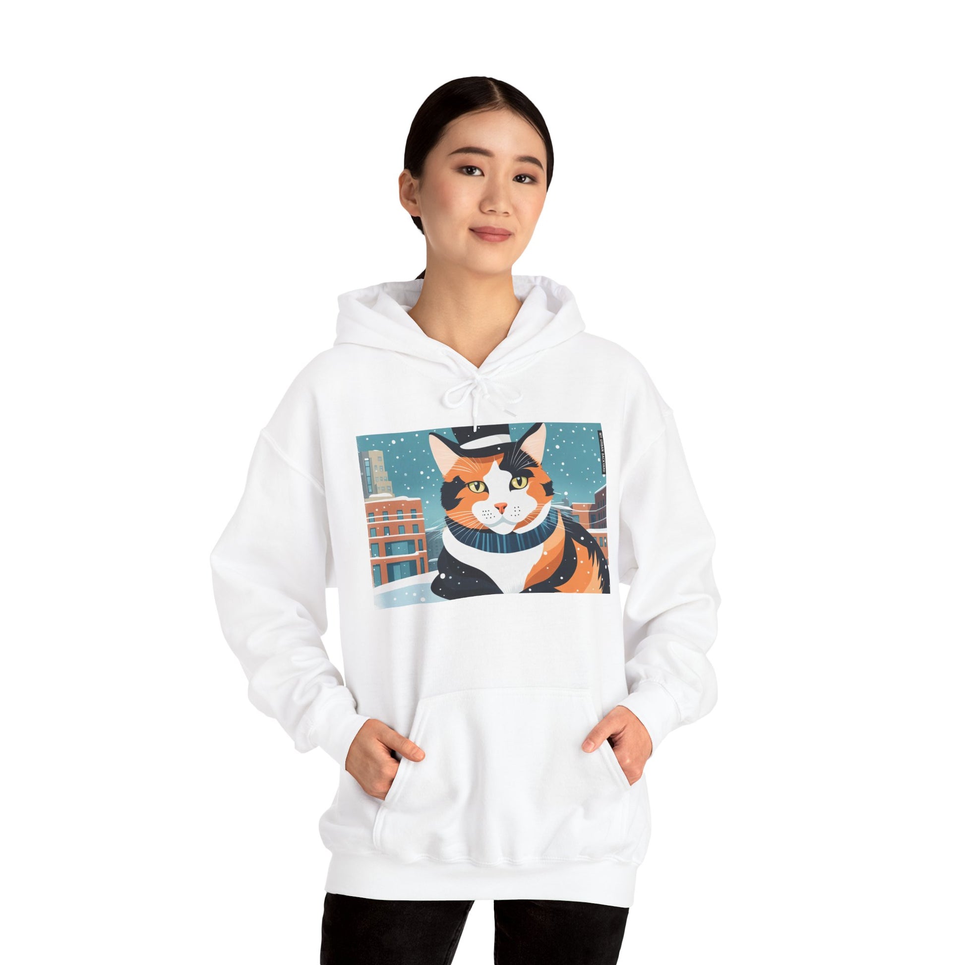 Calico Cat in Snow Hoodie — Cozy Winter Cat Lover Sweatshirt