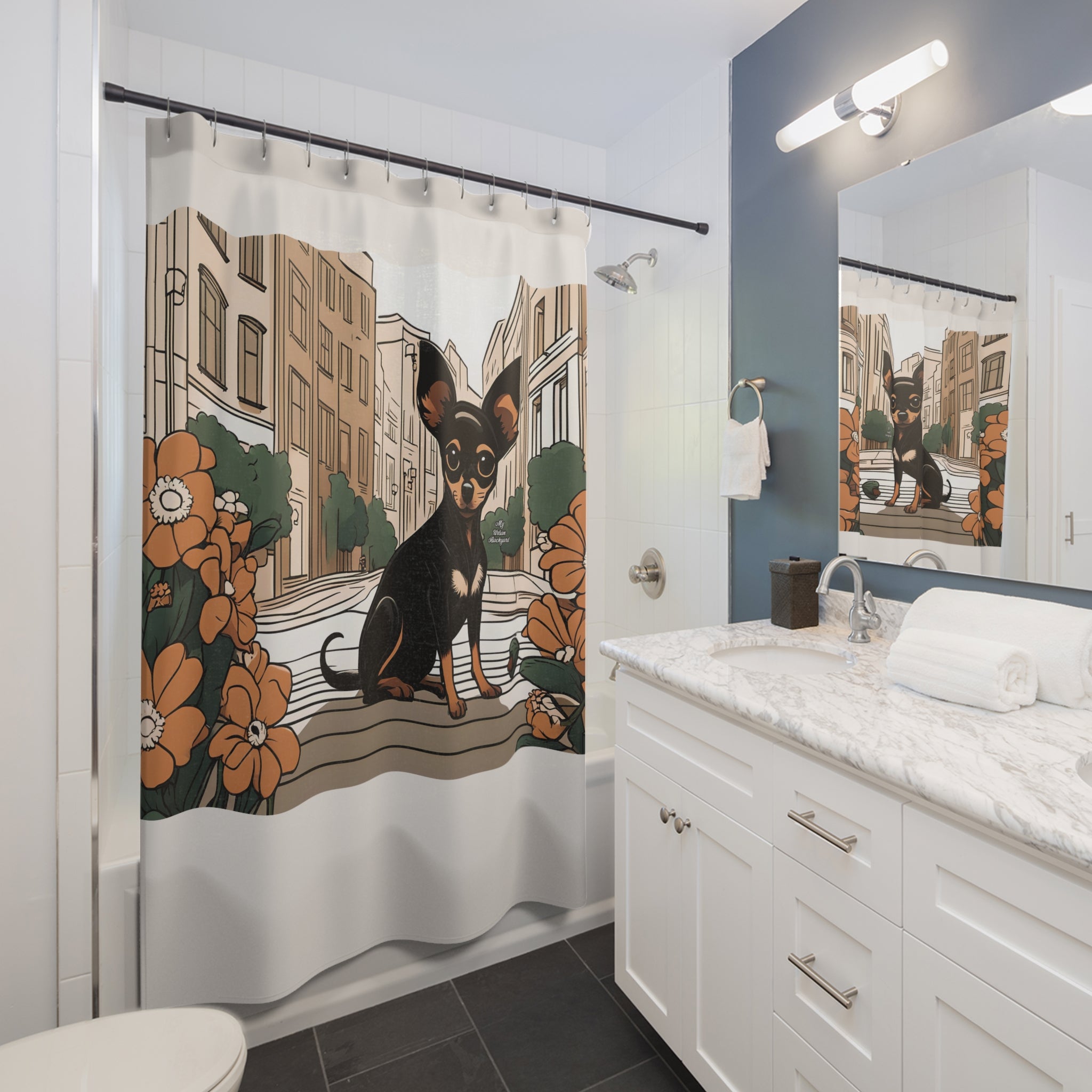Cream Shower Curtain with Ricky Barkley, Urban Dog Graphic - 71" x 74"
