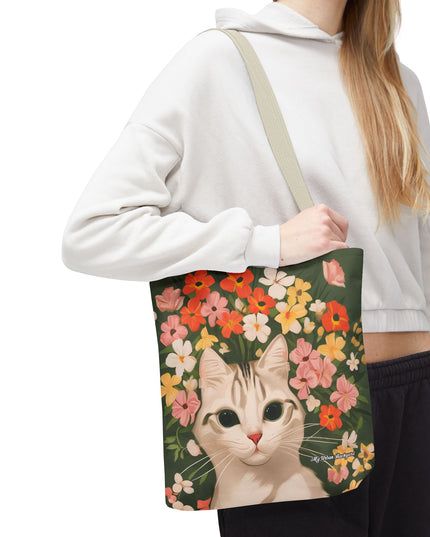 White Cat with Flowers Tote Bag with Cotton Handles For Everyday Use, 3 Sizes