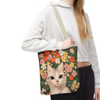 White Cat with Flowers Tote Bag with Cotton Handles For Everyday Use, 3 Sizes