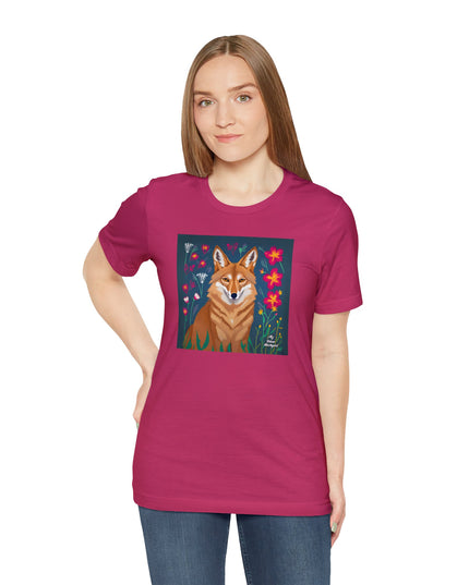 Coyote w Red Flowers, Soft 100% Jersey Cotton T-Shirt, Unisex, Short Sleeve, Retail Fit