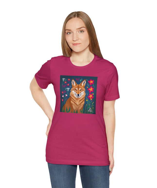 Coyote w Red Flowers, Soft 100% Jersey Cotton T-Shirt, Unisex, Short Sleeve, Retail Fit