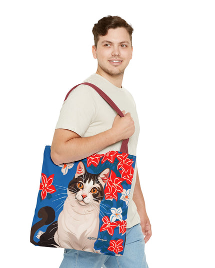 Cat and Red White & Blue Flowers Tote Bag with Cotton Handles For Everyday Use, 3 Sizes