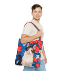 Cat with Red and White Flowers, Tote Bag with Cotton Handles For Everyday Use, 3 Sizes