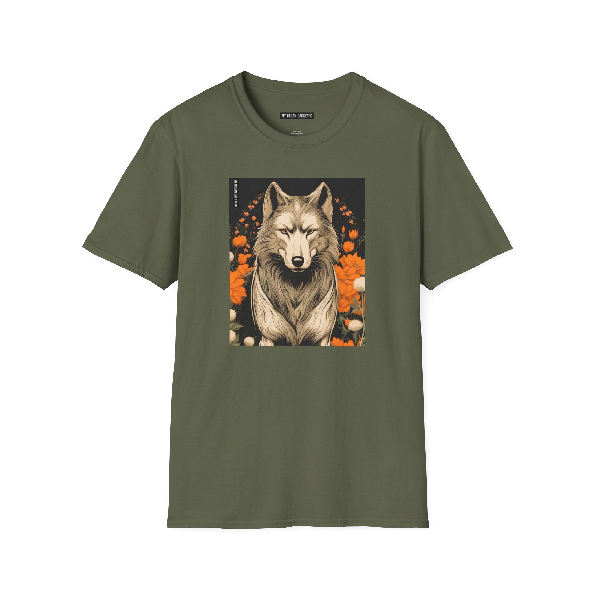 Wolf with Flowers, 100% Cotton T-Shirt