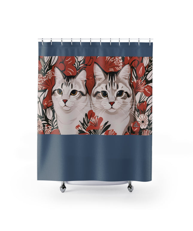 Tess & Jess Clawfield, Cat Shower Curtain, Blue accent color - 71" x 74"