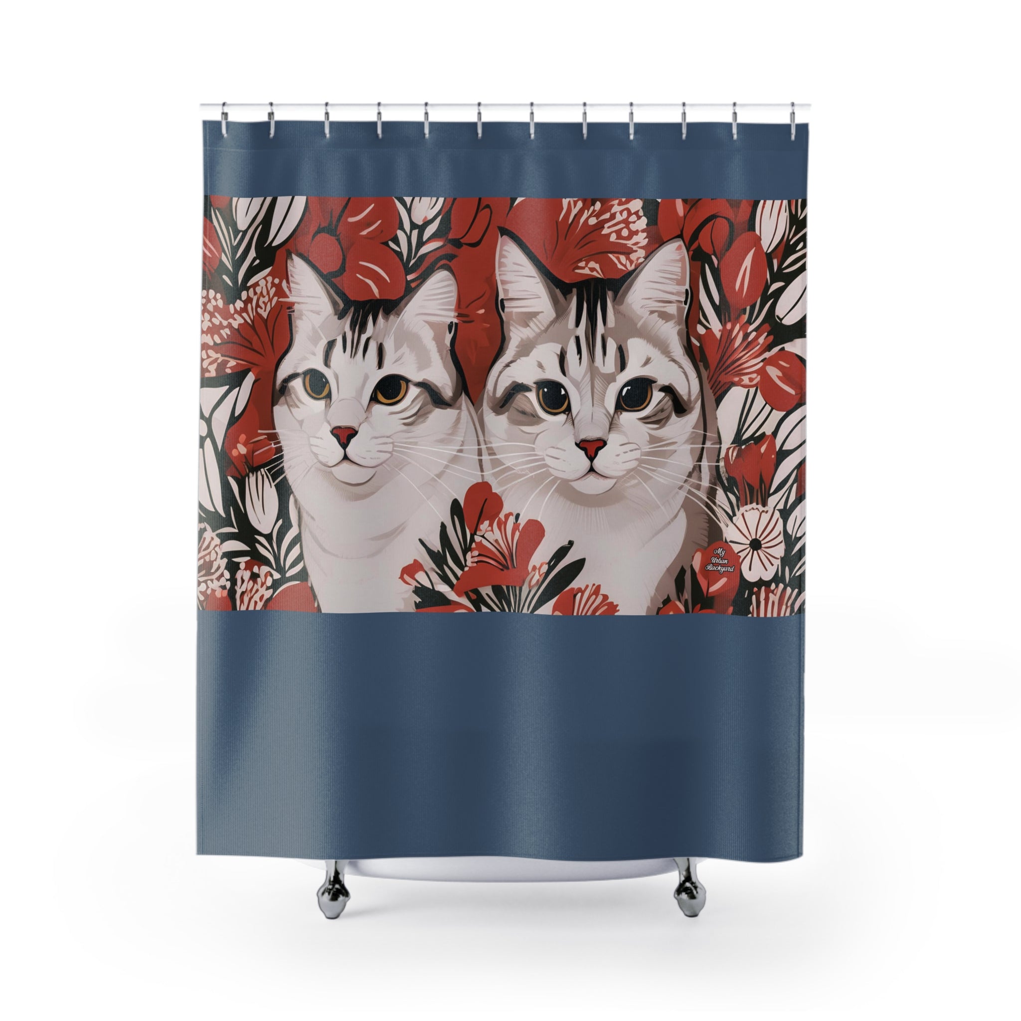 Coastal Blue Shower Curtain with Tess & Jess Clawfield, Tabby Cats Graphic - 71" x 74"