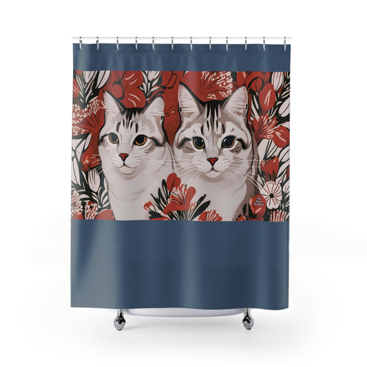 White Cats, Shower Curtain, Blue accent color - 71" x 74"