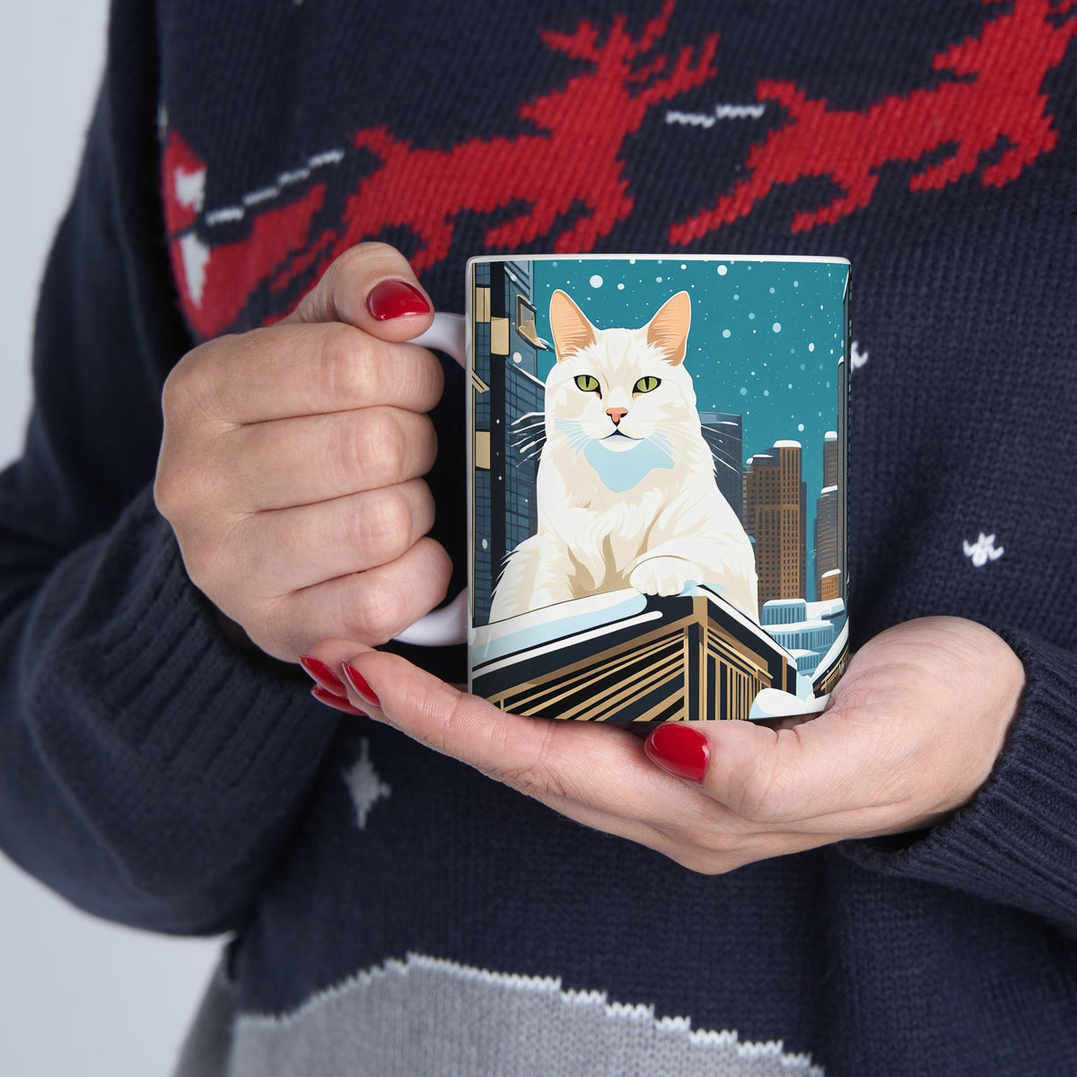 Snowy City Cat Ceramic Mug - 11 oz