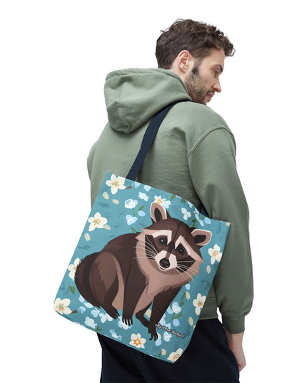 Young Raccoon w Flowers Tote Bag with Cotton Handles For Everyday Use, 3 Sizes