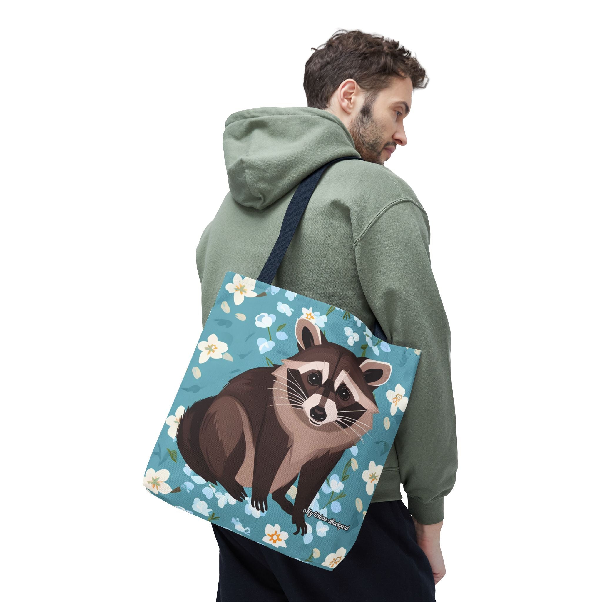 Young Raccoon w Flowers Tote Bag with Cotton Handles For Everyday Use, 3 Sizes