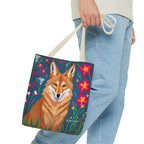 Coyote w Red Flowers Tote Bag with Cotton Handles For Everyday Use, 3 Sizes