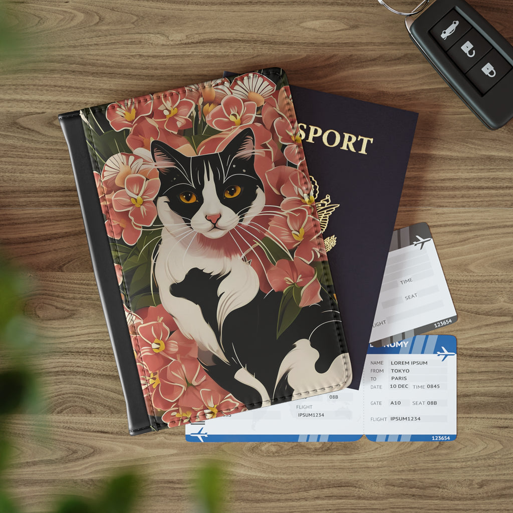 Black & White Cat in Flowers Passport Cover