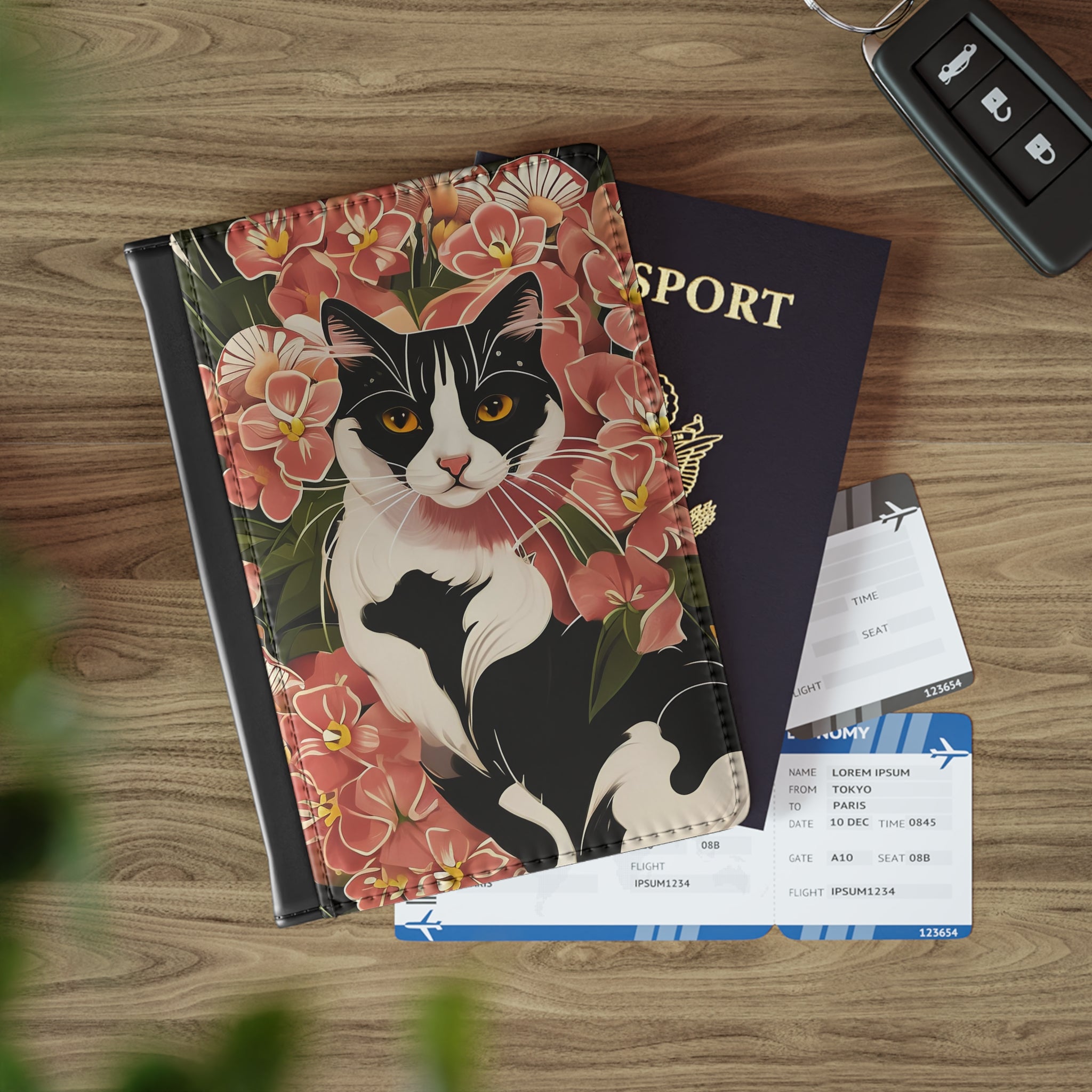 Black & White Cat in Flowers Passport Cover