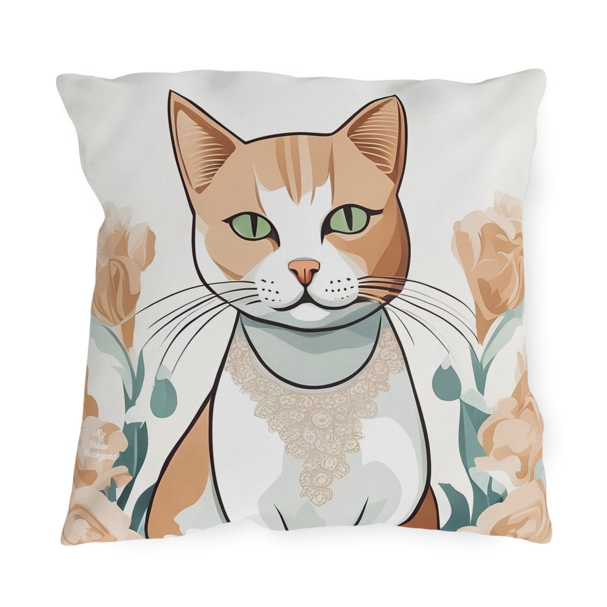 Green-Eyed Tabby Cat, Bay Leaf accent color, Throw Pillow