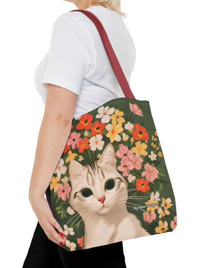 White Cat with Flowers Tote Bag with Cotton Handles For Everyday Use, 3 Sizes