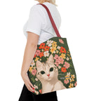 White Cat with Flowers Tote Bag with Cotton Handles For Everyday Use, 3 Sizes