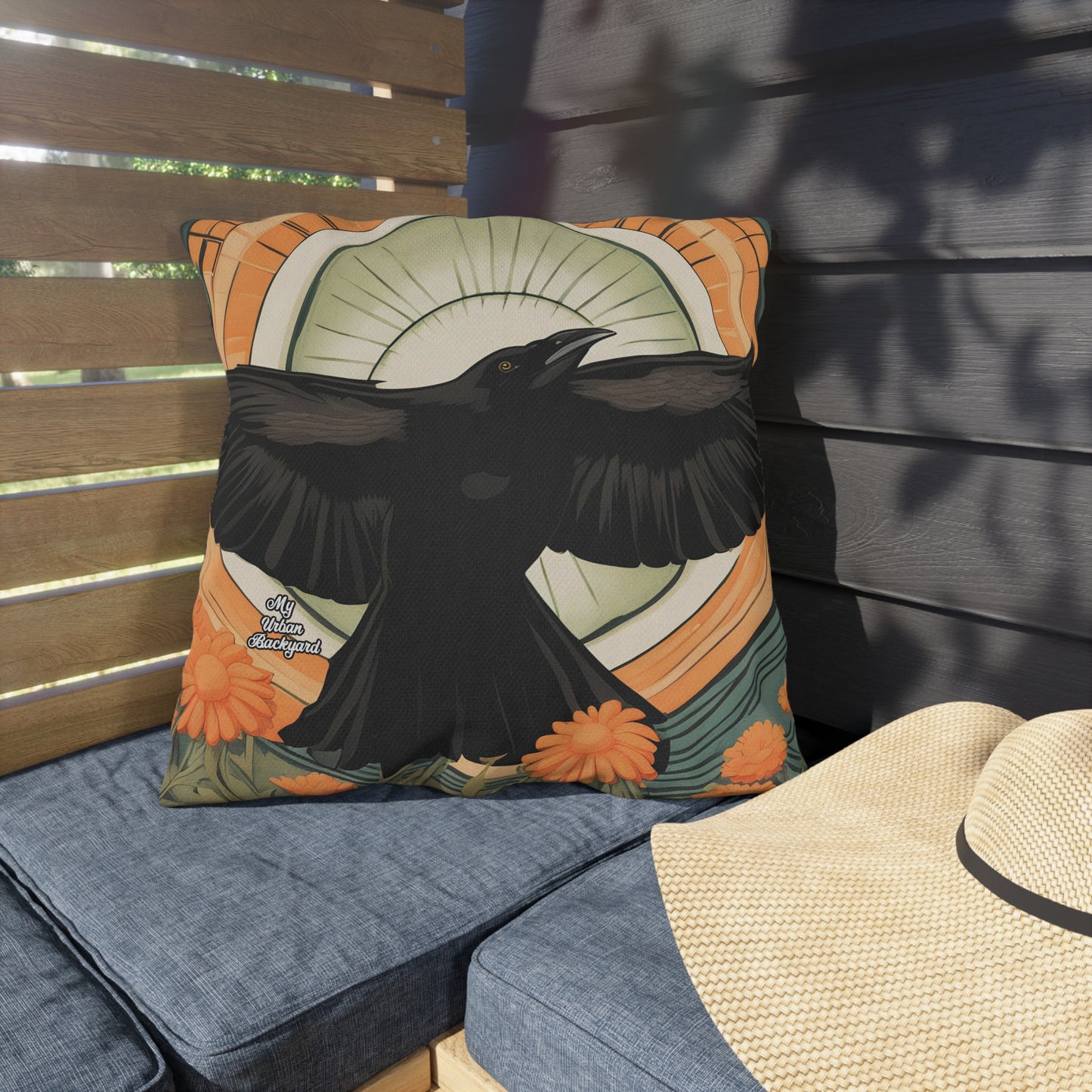 Flying Crow, Terracotta accent color, Throw Pillow, Indoor/Outdoor Decor for Home or Office