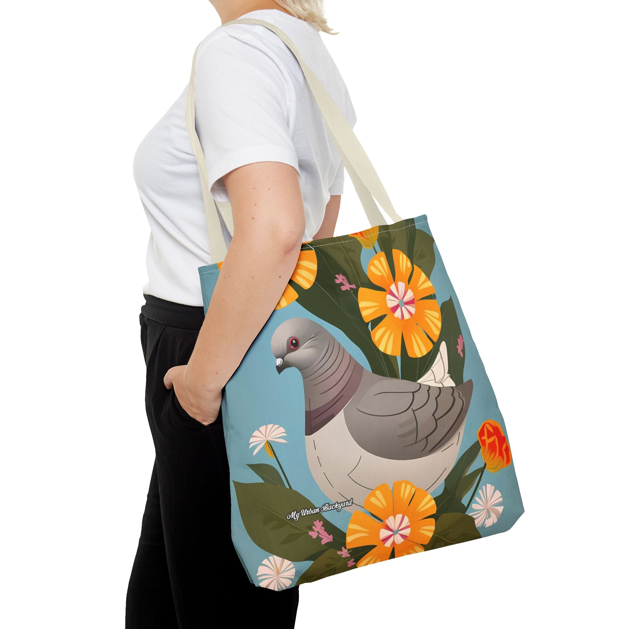 Pigeon and Yellow Flowers Tote Bag with Cotton Handles For Everyday Use, 3 Sizes