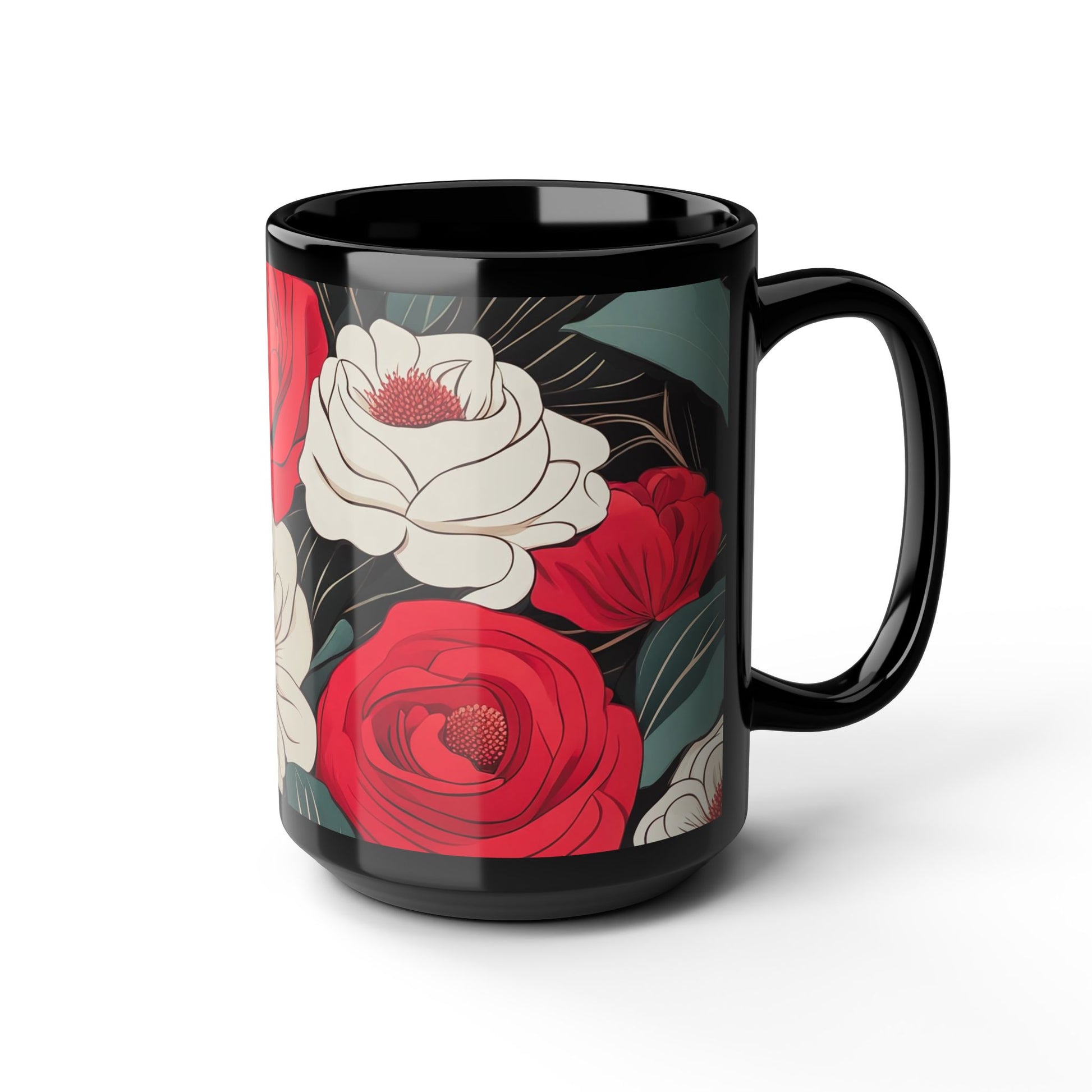 Floral Black Mug - Perfect for Coffee Lovers, Gift for Her, Home Decor, Botanical Design, Floral Coffee Cup