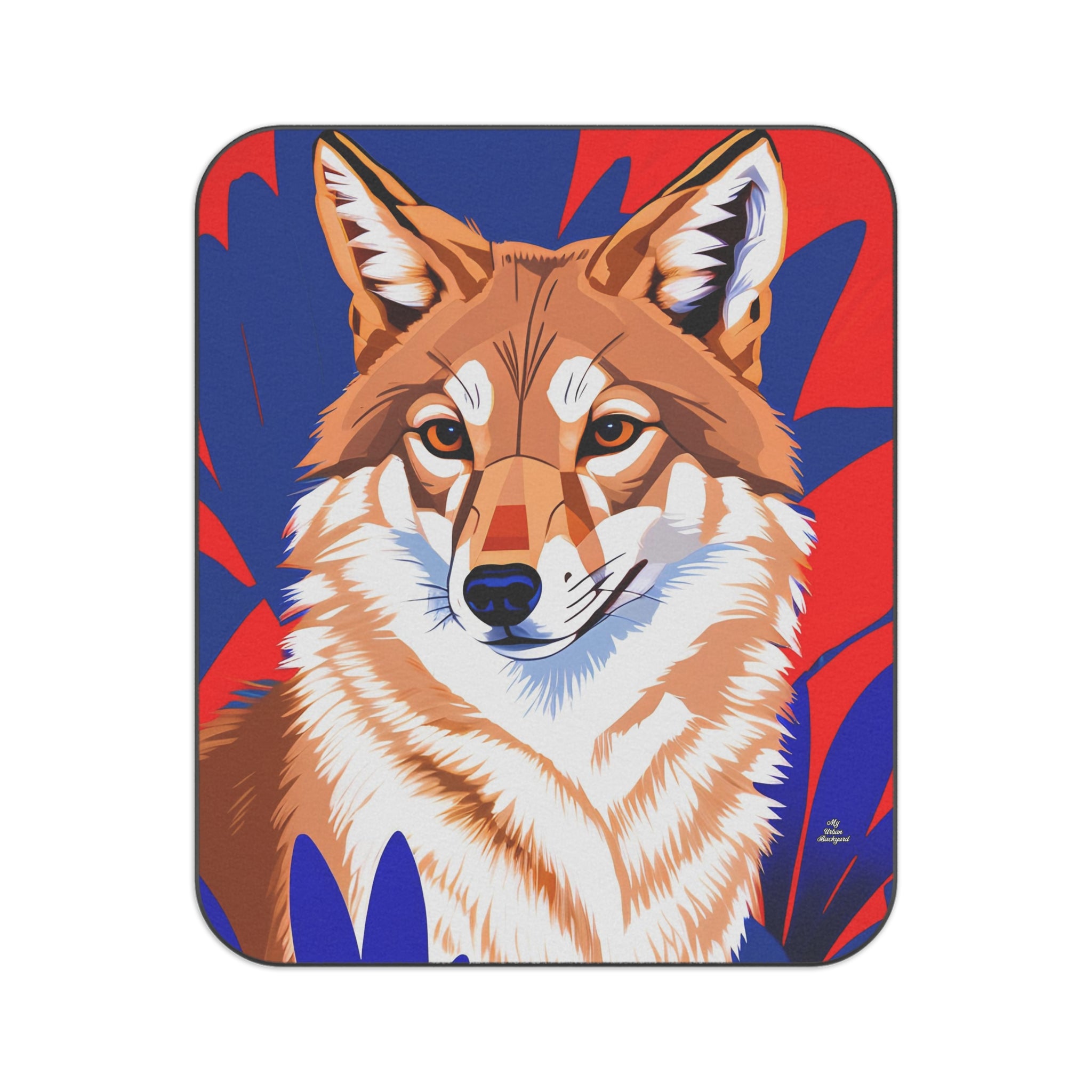 Coyote on Blue and Red, Cozy Outdoor Picnic Blanket, Water-Resistant Bottom, 51" × 61"