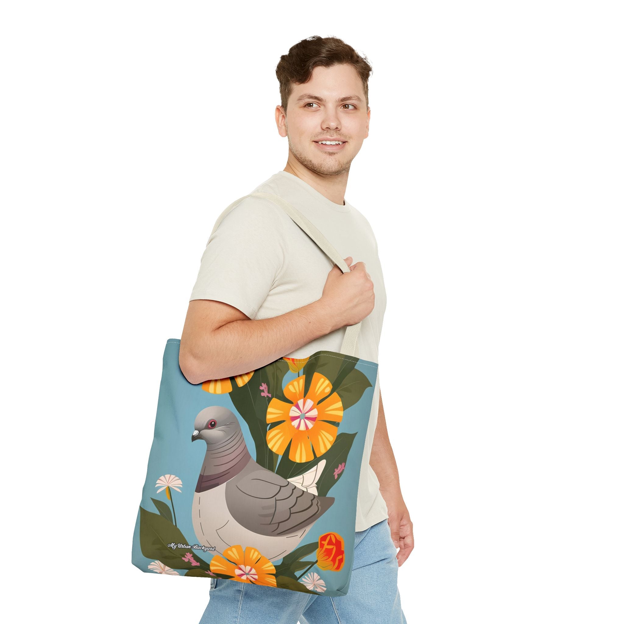 Pigeon and Yellow Flowers Tote Bag with Cotton Handles For Everyday Use, 3 Sizes