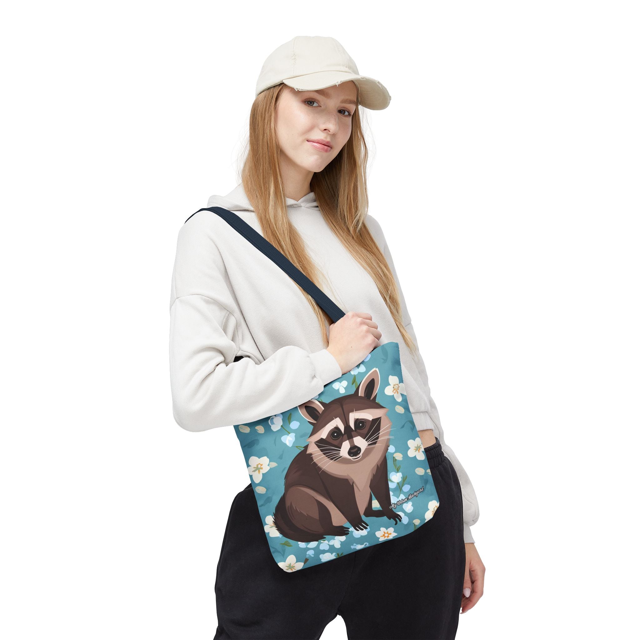 Young Raccoon w Flowers Tote Bag with Cotton Handles For Everyday Use, 3 Sizes