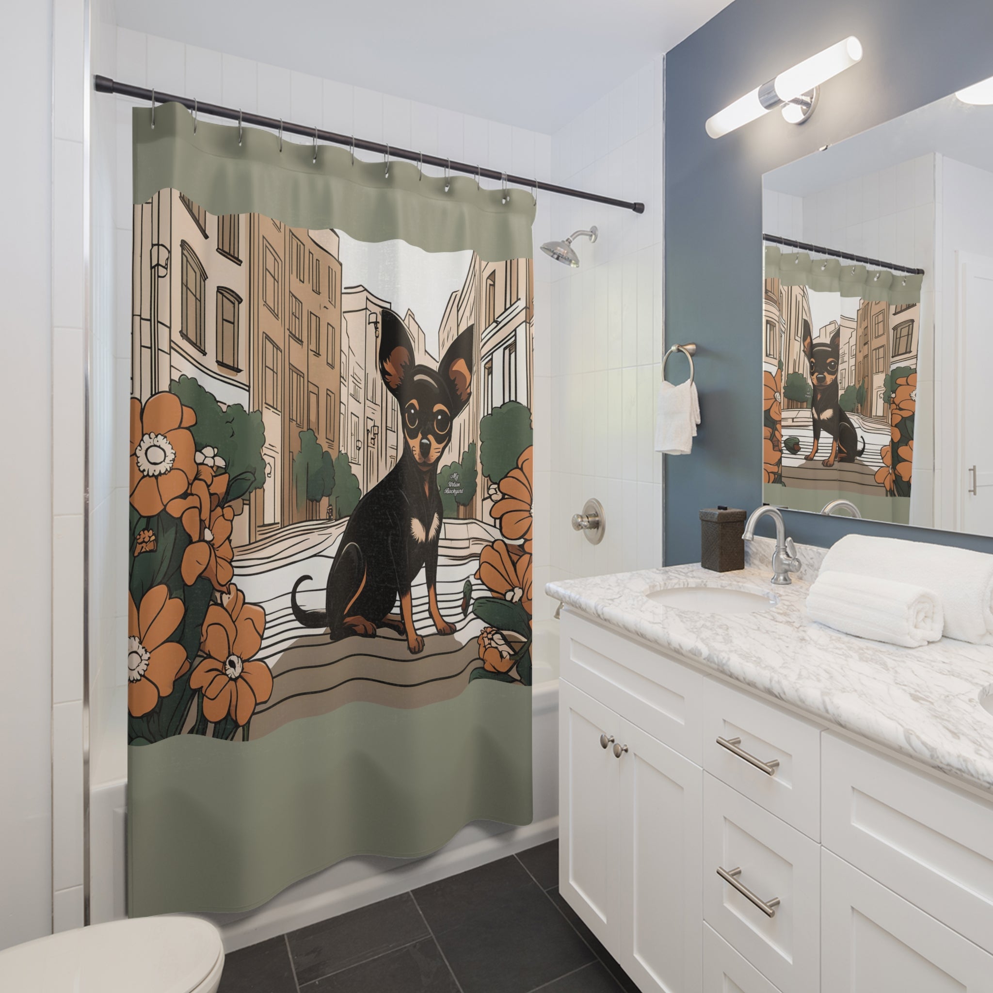 Sage Shower Curtain with Ricky Barkley, Urban Dog Graphic - 71" x 74"