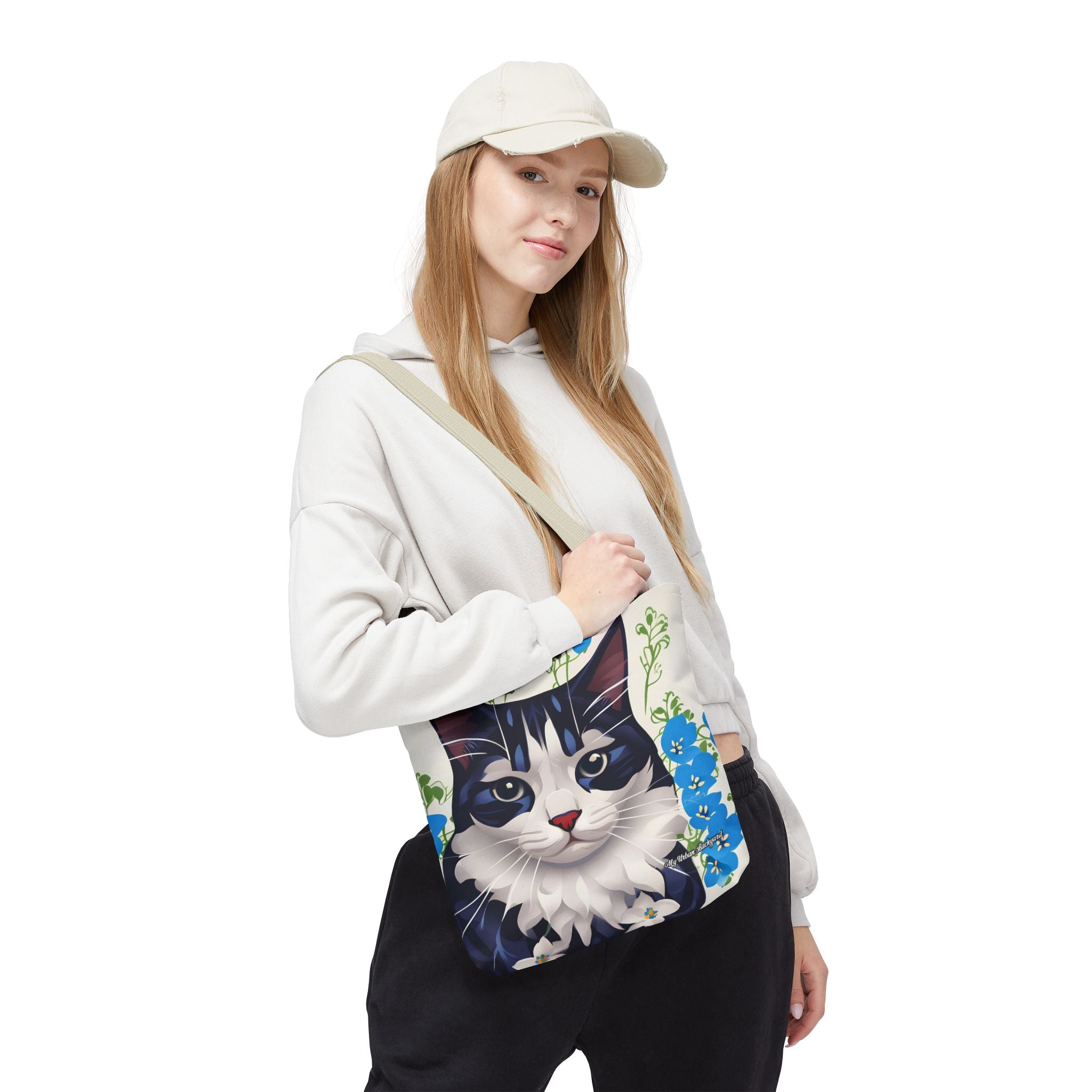 Cat and Blue Flowers Tote Bag with Cotton Handles For Everyday Use, 3 Sizes