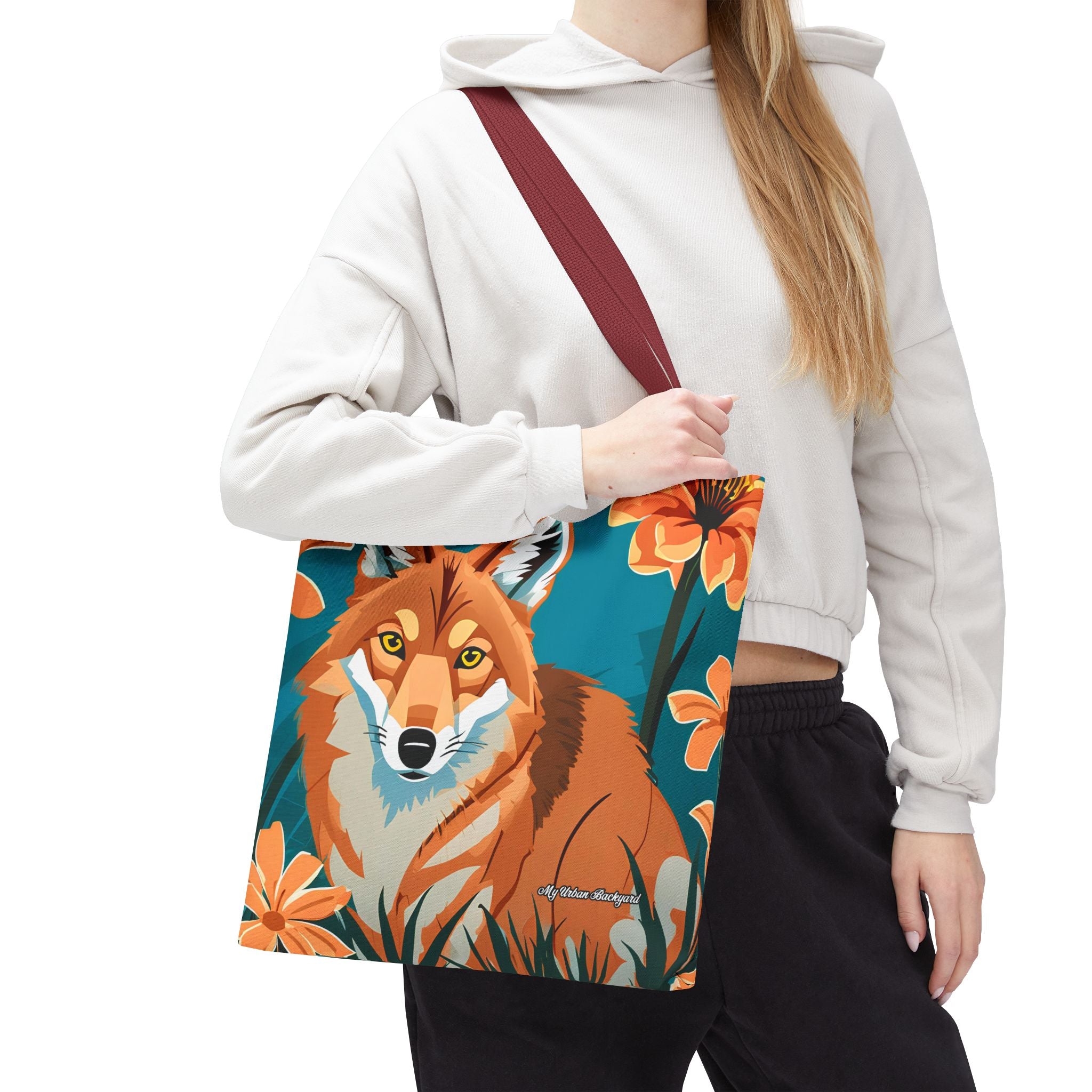 Coyote with Flowers Tote Bag with Cotton Handles For Everyday Use, 3 Sizes