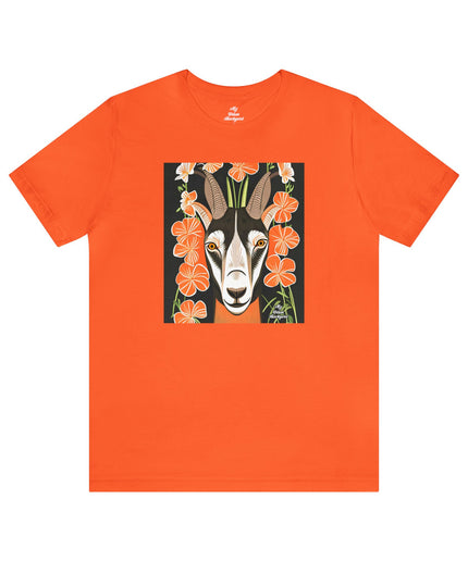 Goat with Orange Flowers, Soft 100% Jersey Cotton T-Shirt, Unisex, Short Sleeve, Retail Fit