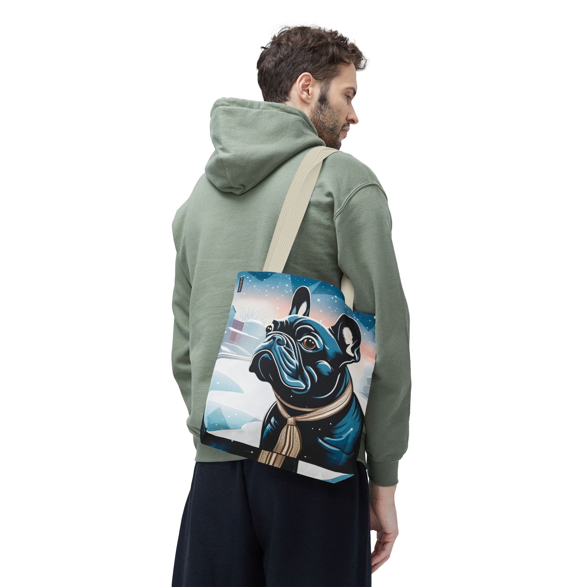 French Bulldog Winter Tote Bag — Snowy Pup All-Over Print Tote