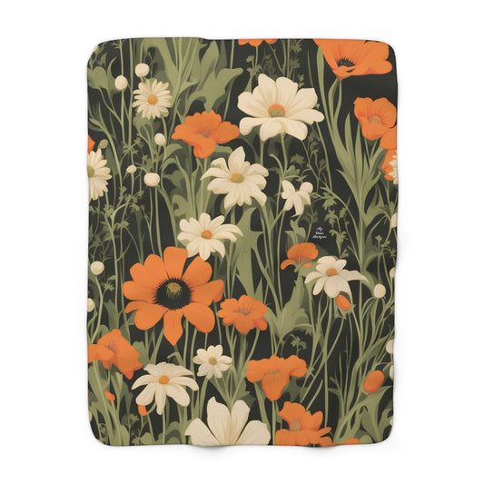 Orange and White Wildflowers, Sherpa Fleece Blanket for Cozy Warmth, 50"x60"