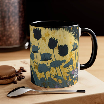 Ceramic Mug for Coffee, Tea, Hot Cocoa. Home/Office, Black Cat w Black Flowers