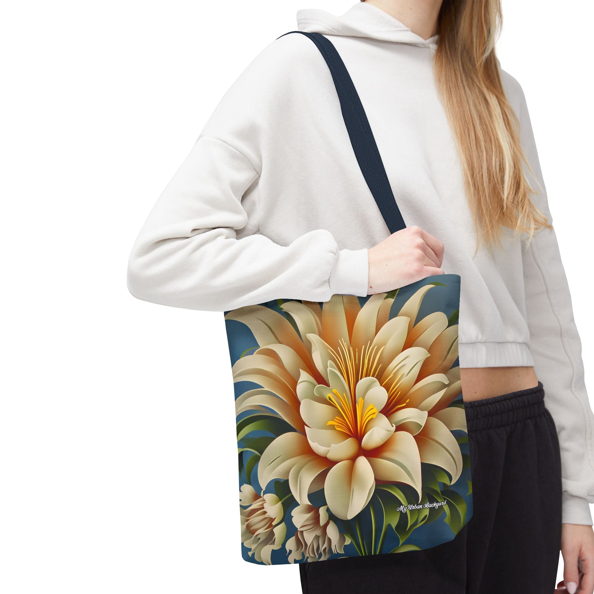 Large White Flower Tote Bag with Cotton Handles For Everyday Use, 3 Sizes
