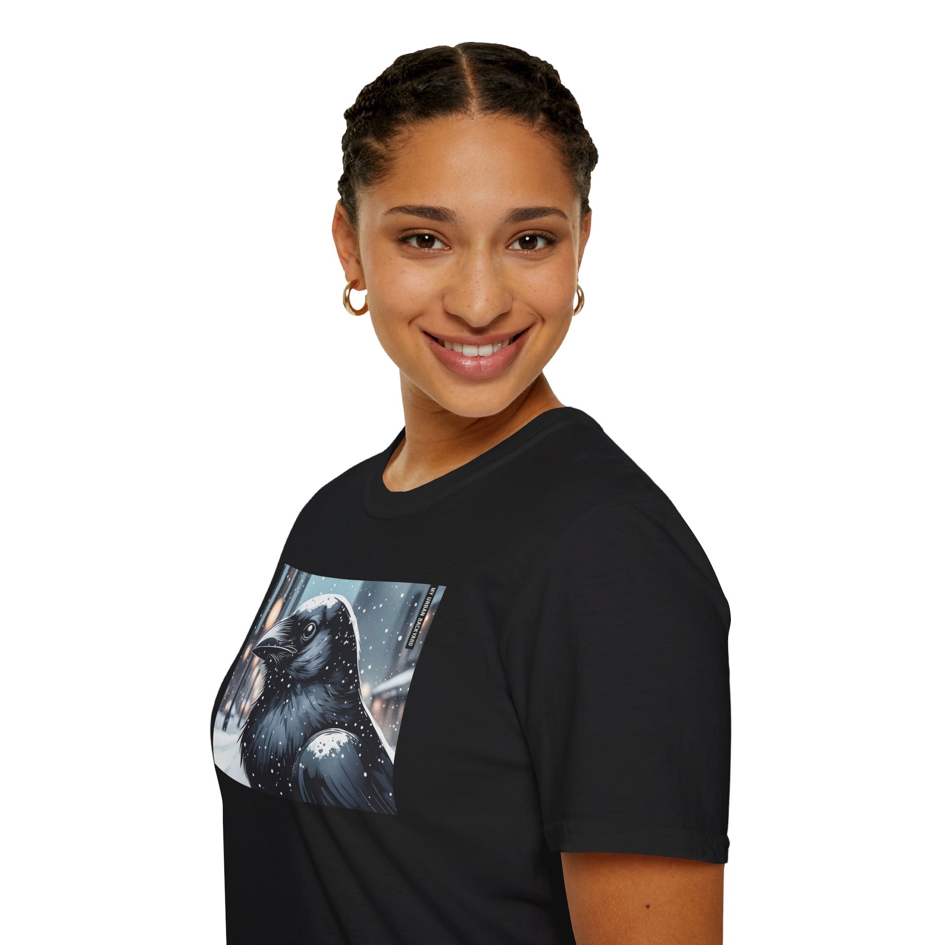 Urban Crow In Falling Snow T-Shirt — Winter Crow Graphic Tee
