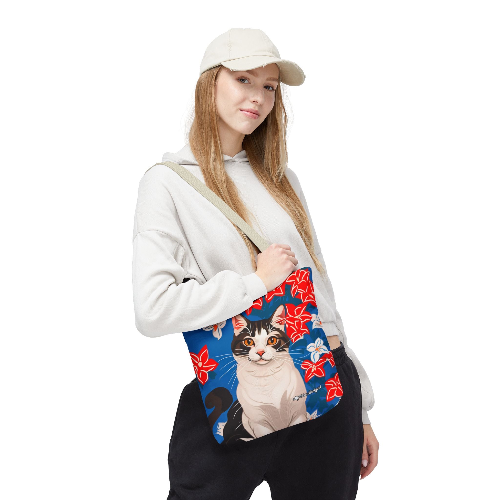Cat with Red and White Flowers, Tote Bag with Cotton Handles For Everyday Use, 3 Sizes