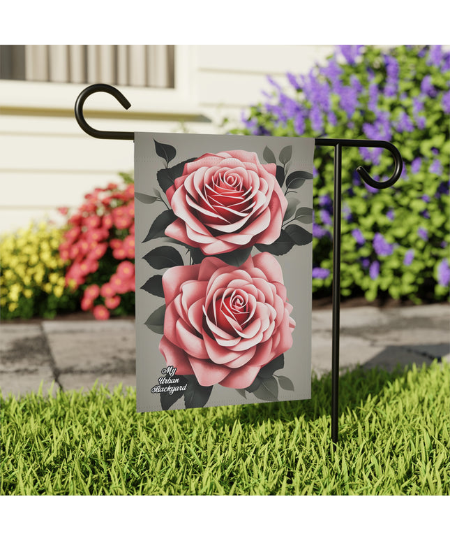 Two Pink Rose Flowers, Garden Flag for Yard, Patio, Porch, or Work, 12"x18" - Flag only