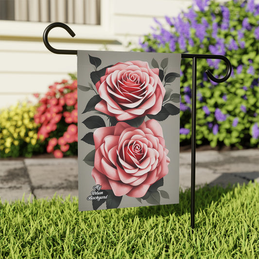 Two Pink Rose Flowers, Garden Flag for Yard, Patio, Porch, or Work, 12"x18" - Flag only