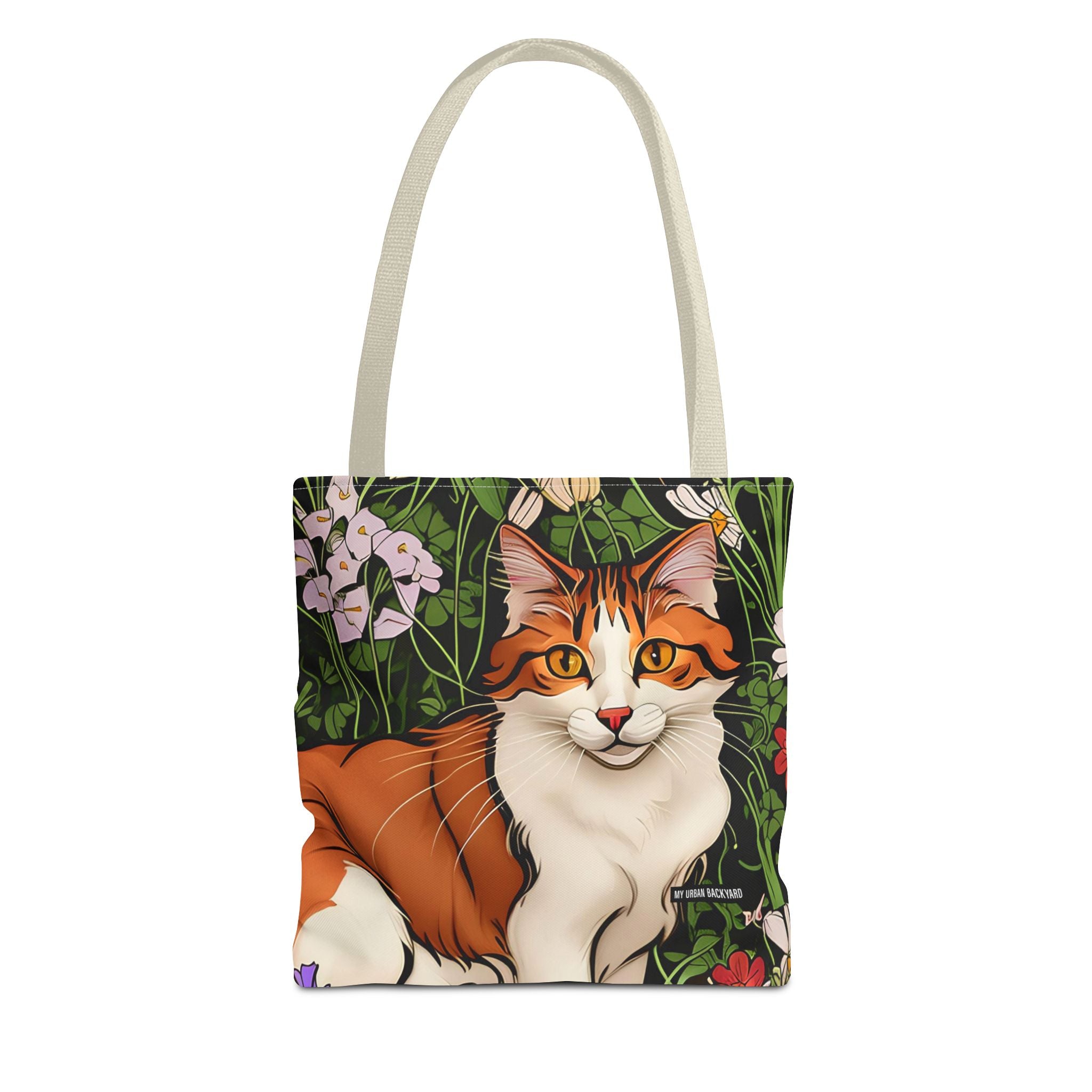 Orange Cat with Flowers, Tote Bag w Cotton Handles