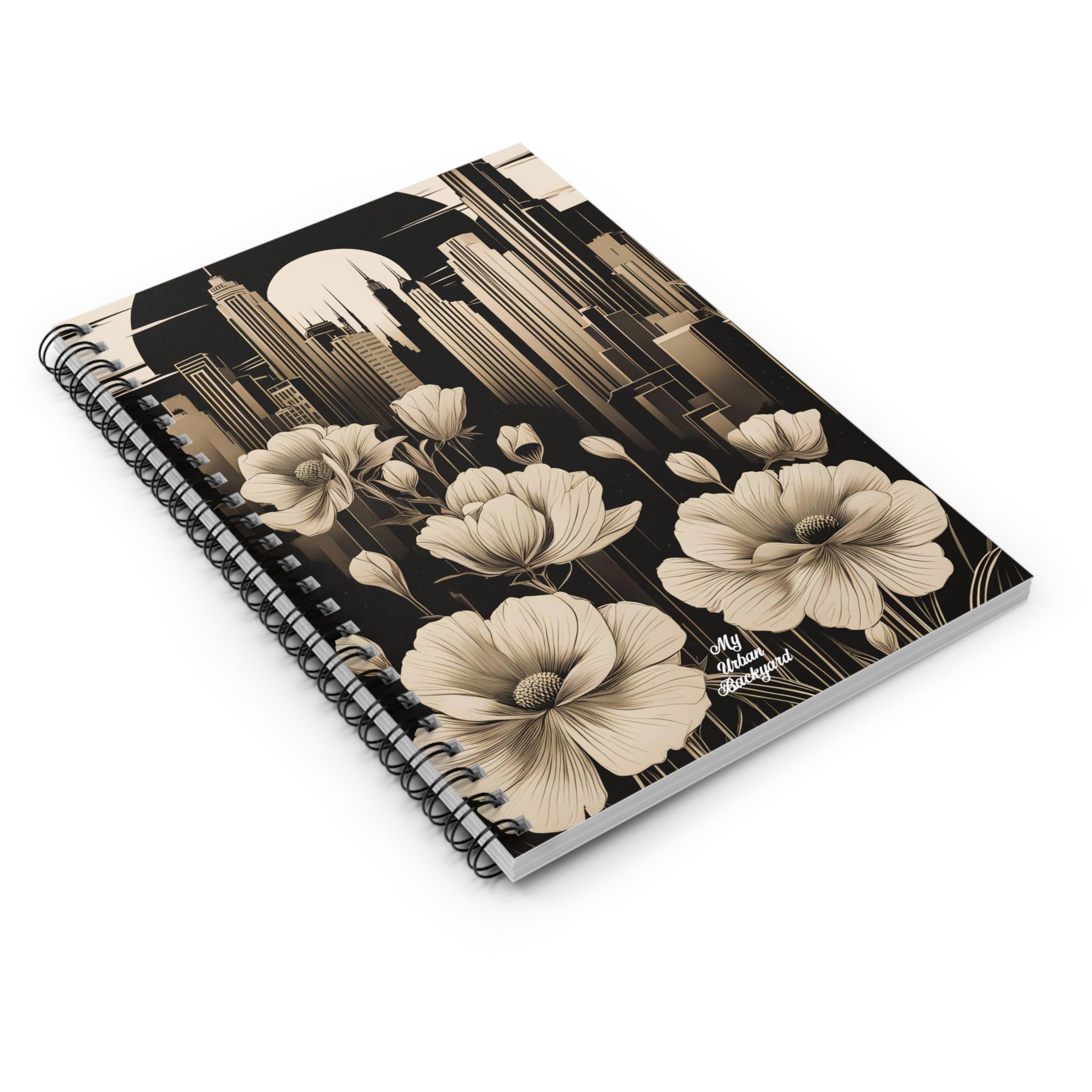 Urban Moon with Flowers, Spiral Notebook Writing Journal - 118 Ruled Pages