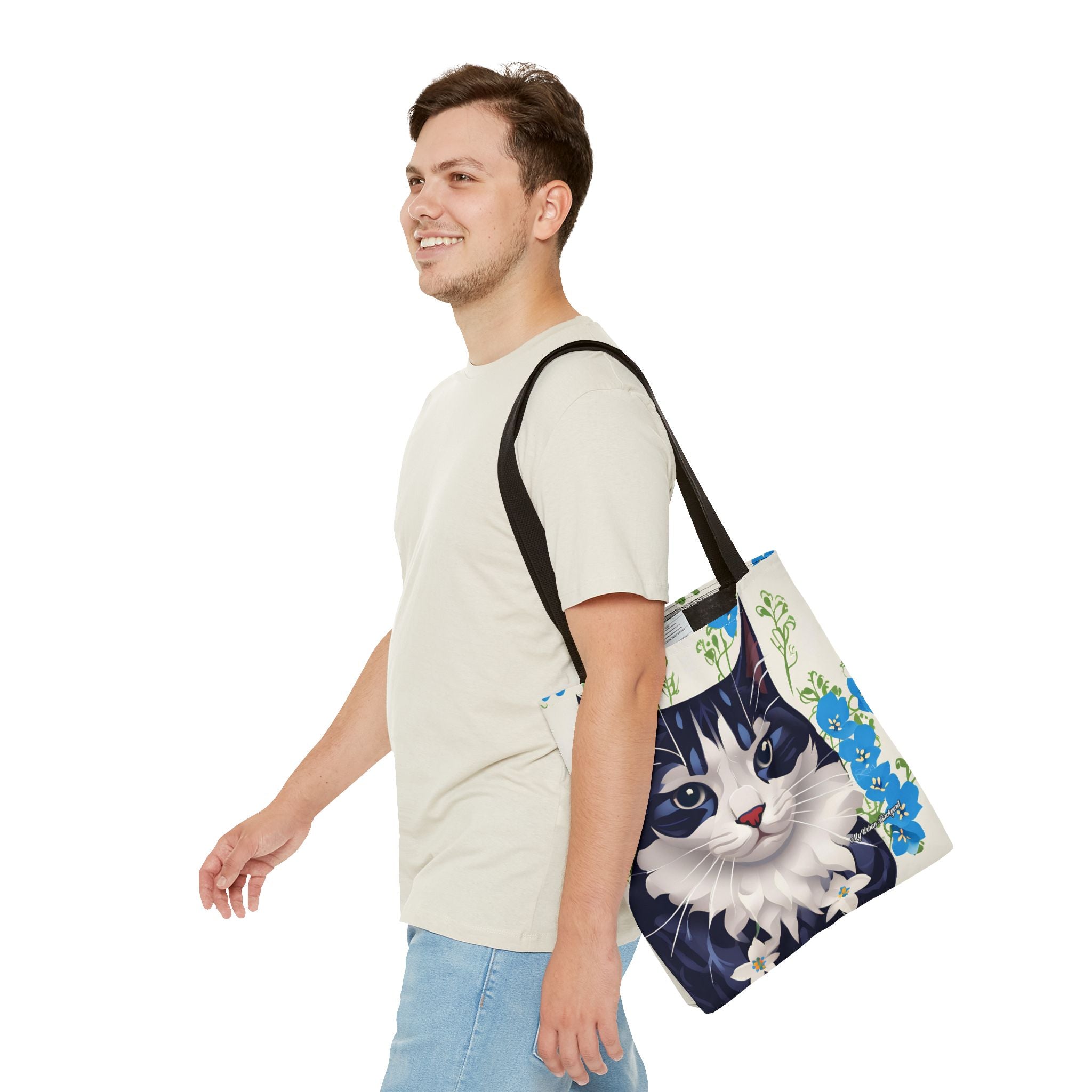 Cat and Blue Flowers Tote Bag with Cotton Handles For Everyday Use, 3 Sizes