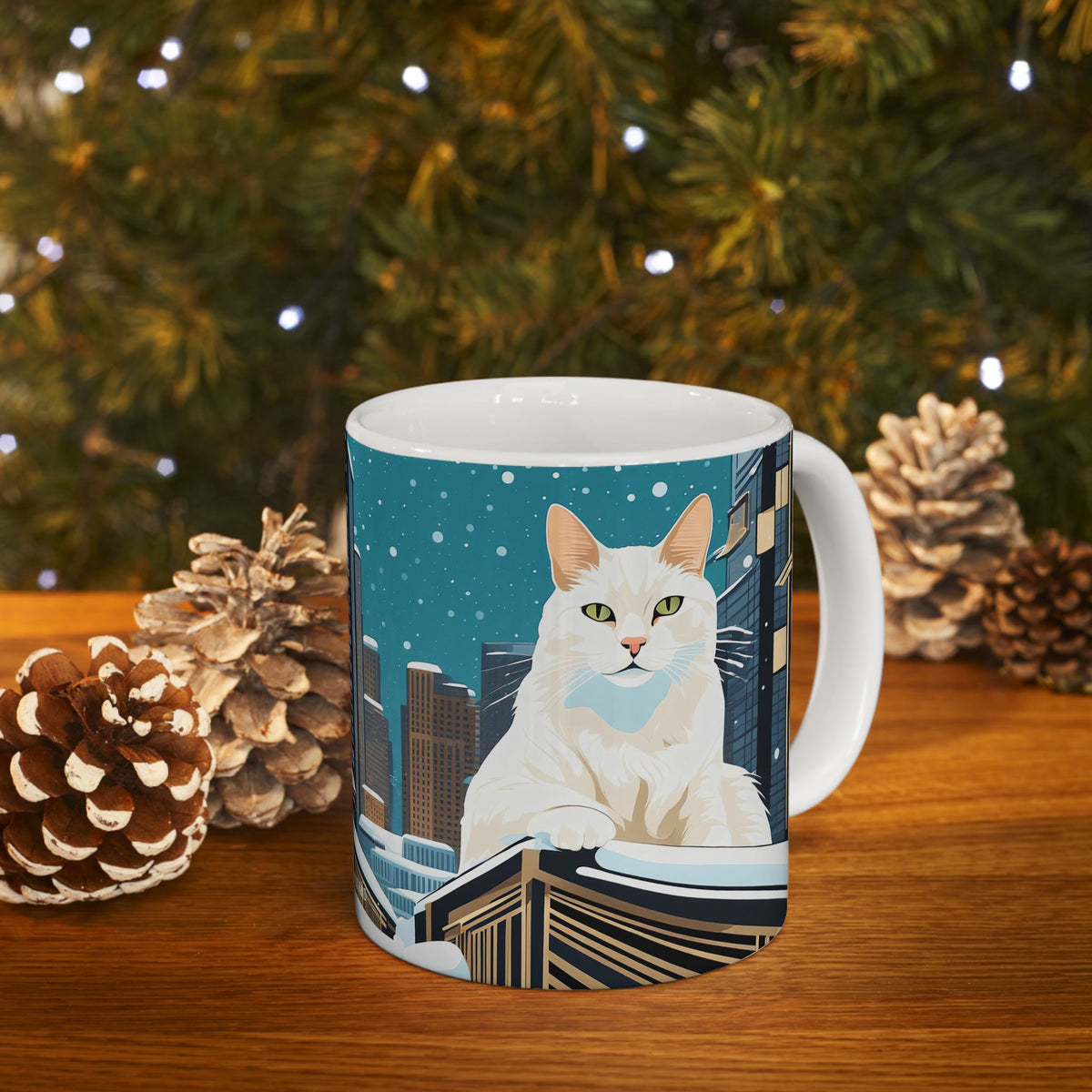 Snowy City Cat Ceramic Mug - 11 oz