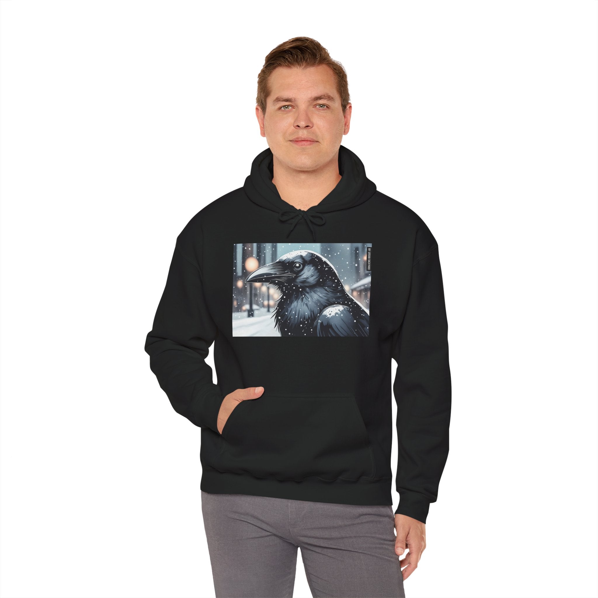 Urban Crow In Falling Snow Hoodie — Comfy Winter Graphic Hoodie