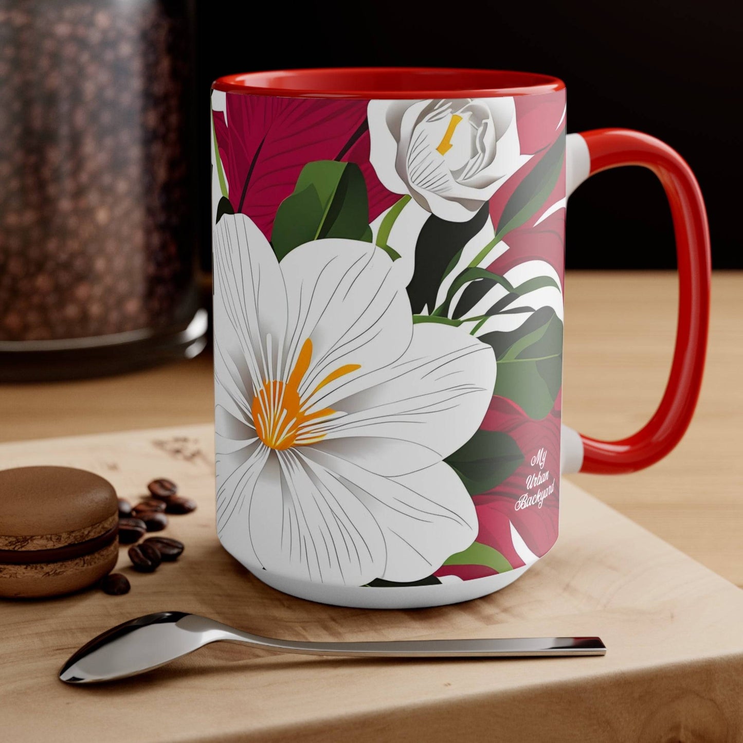Ceramic Mug for Coffee, Tea, Hot Cocoa. Home/Office, White Flowers on Red