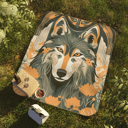 Outdoor Picnic Blanket with Soft Fleece Top and Water-Resistant Bottom - Art Deco Wolf