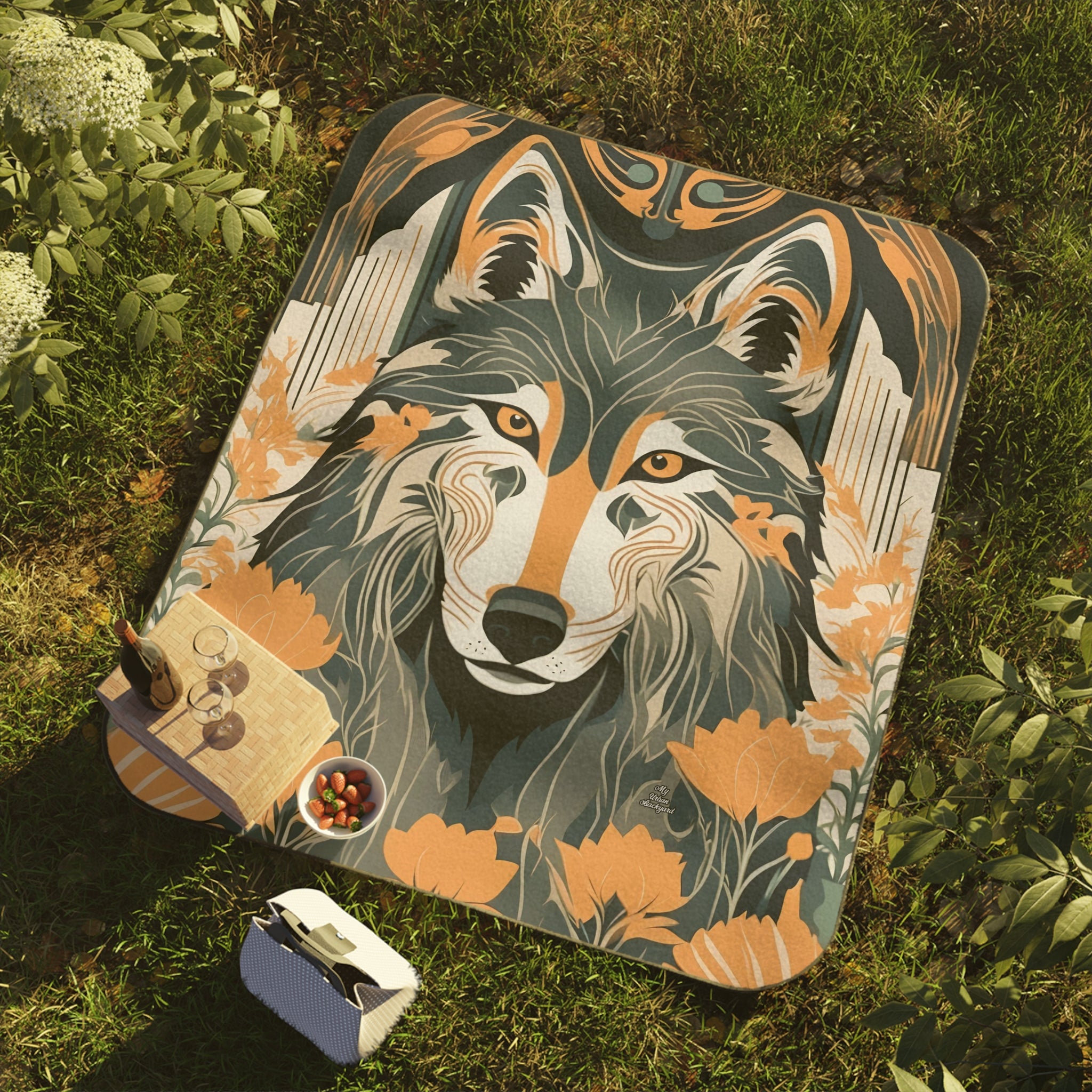 Art Deco Wolf, Cozy Outdoor Picnic Blanket, Water-Resistant Bottom, 51" × 61"