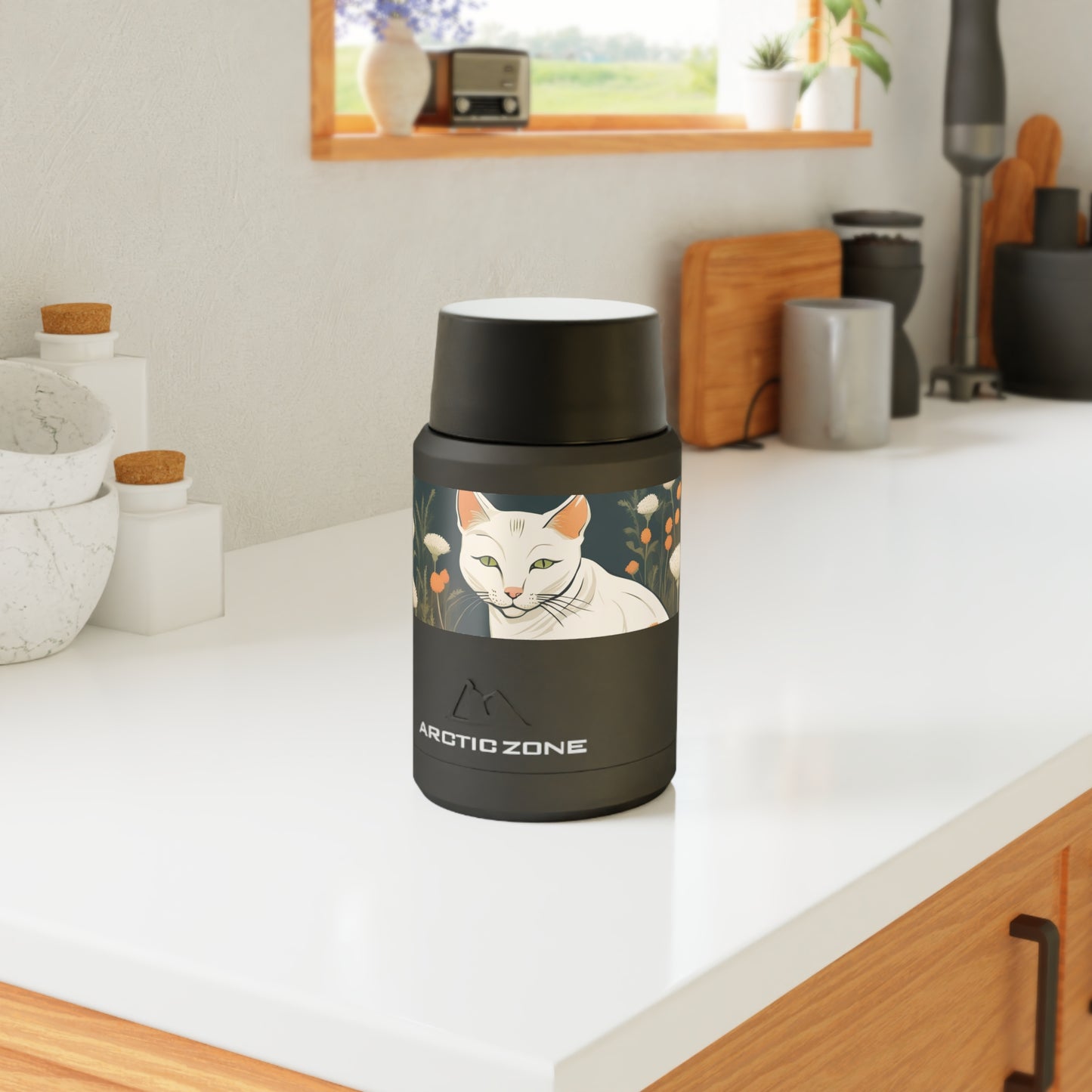 Green-Eyed Cat with Flowers, Reusable Insulated Food Storage Container with Spoon – 16.9oz