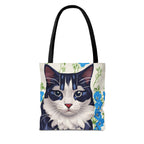 Cat and Blue Flowers, Tote Bag with Cotton Handles