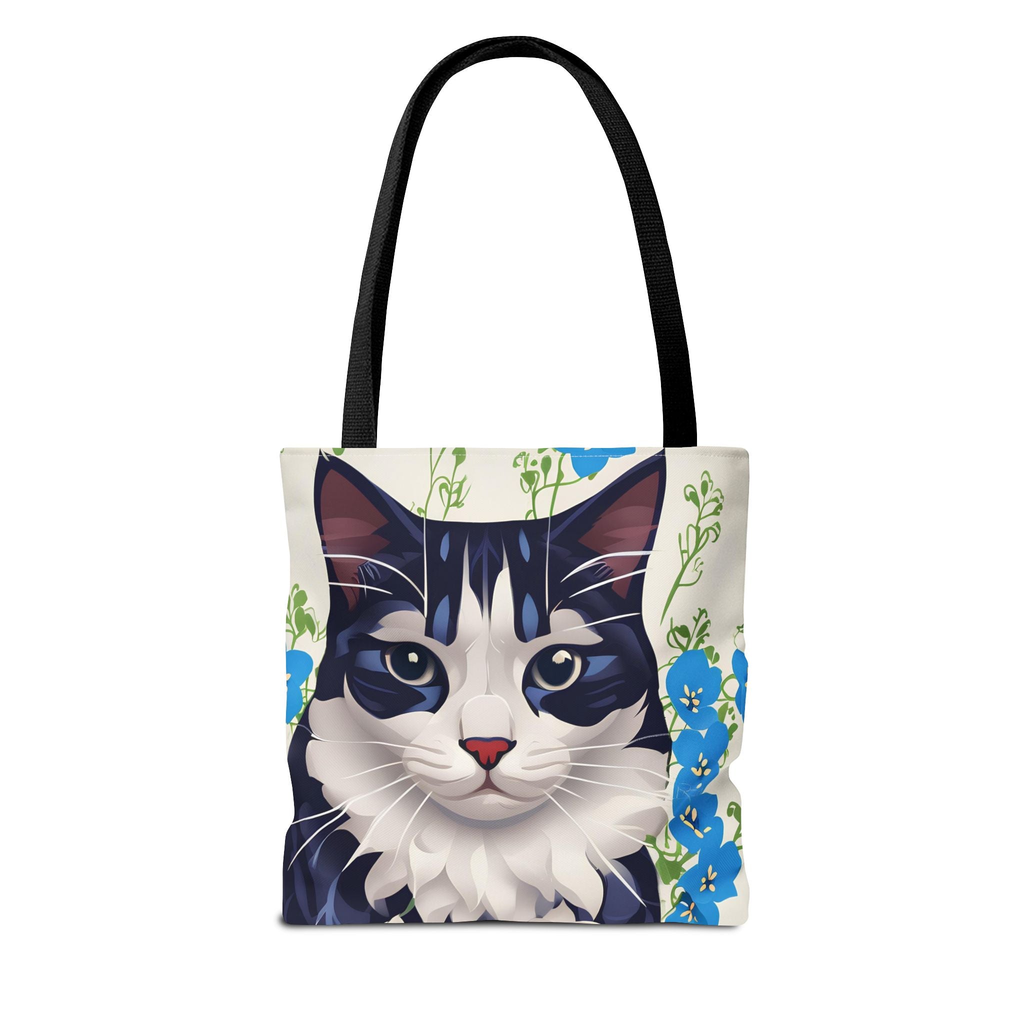 Cat and Blue Flowers, Tote Bag with Cotton Handles